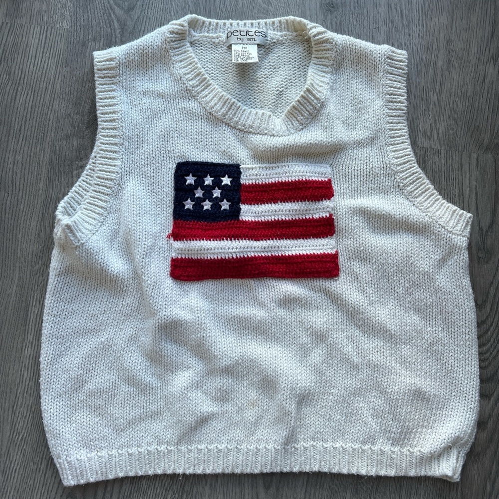 White Knit Sweater Vest with American Flag
